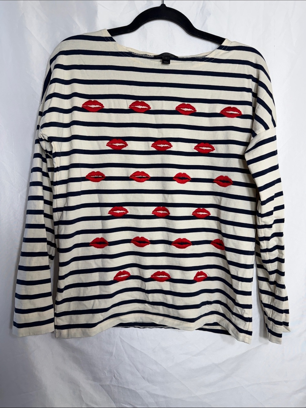 J.Crew Embroidered Lips Striped Tee Medium Drop Shoulder Preppy